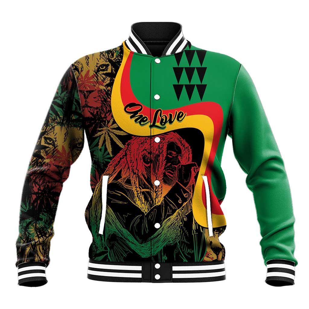Green reggae graphic baseball jacket with button front, striped collar, colorful portrait print