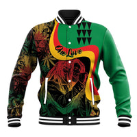 Green reggae graphic baseball jacket with button front, striped collar, colorful portrait print