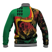 Green reggae graphic baseball jacket, black striped ribbed collar and cuffs, back custom text