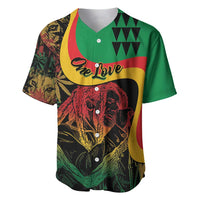 Green baseball jersey with reggae lion graphic and 'One Love' script, button front