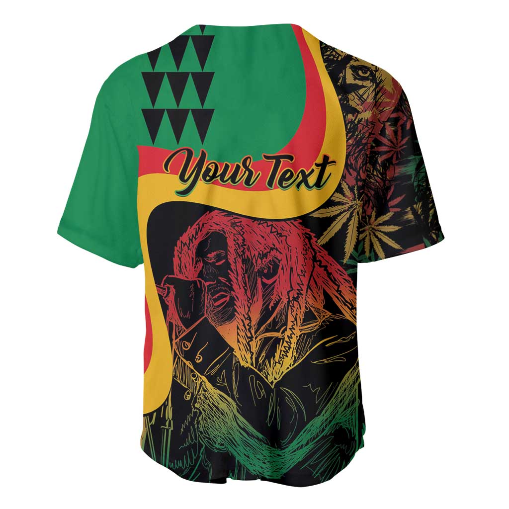 Green baseball jersey with crown pattern, 'Your Text' script, lion face artwork
