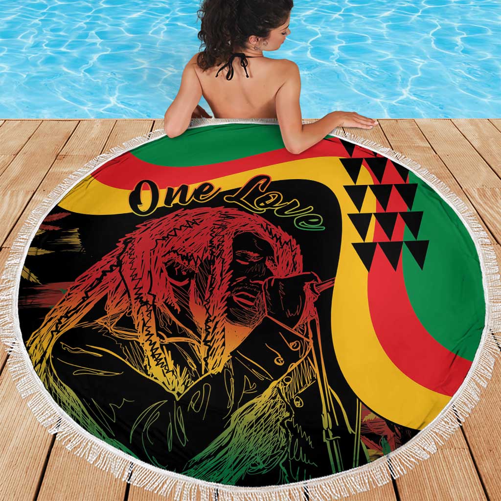 Round beach blanket featuring reggae lion portrait, green/red/yellow design, white fringe