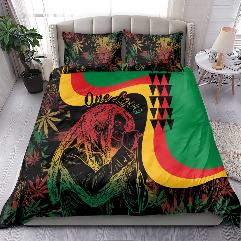 Reggae bedding set: green duvet with lion print, red/yellow crescent design, two matching pillows