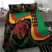 Reggae bedding set with green duvet and lion graphic; palm leaf accents; two square pillows