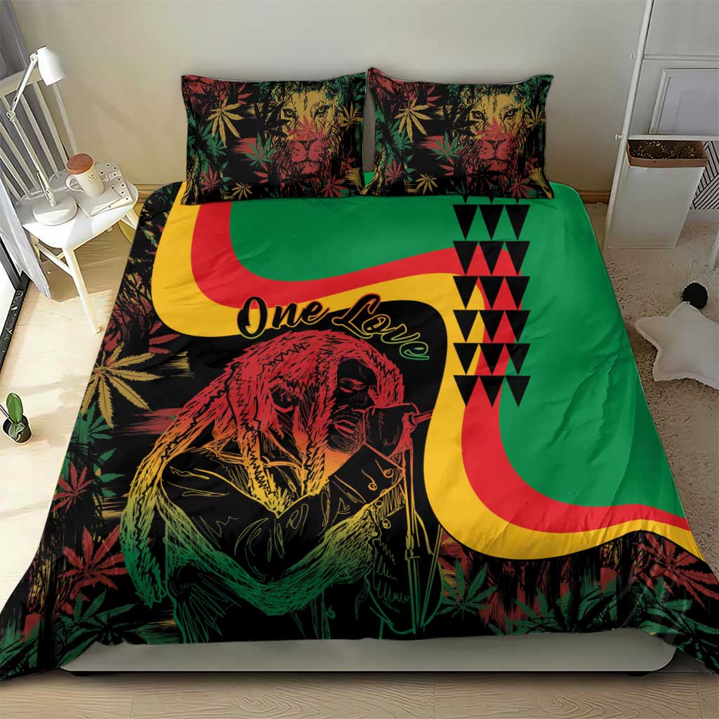 Reggae bedding set with green duvet, lion face print, red/yellow crescent and star shapes, 2 pillows