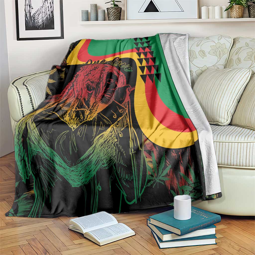 Reggae Marley throw blanket with green, red, yellow portrait and One Love graphic