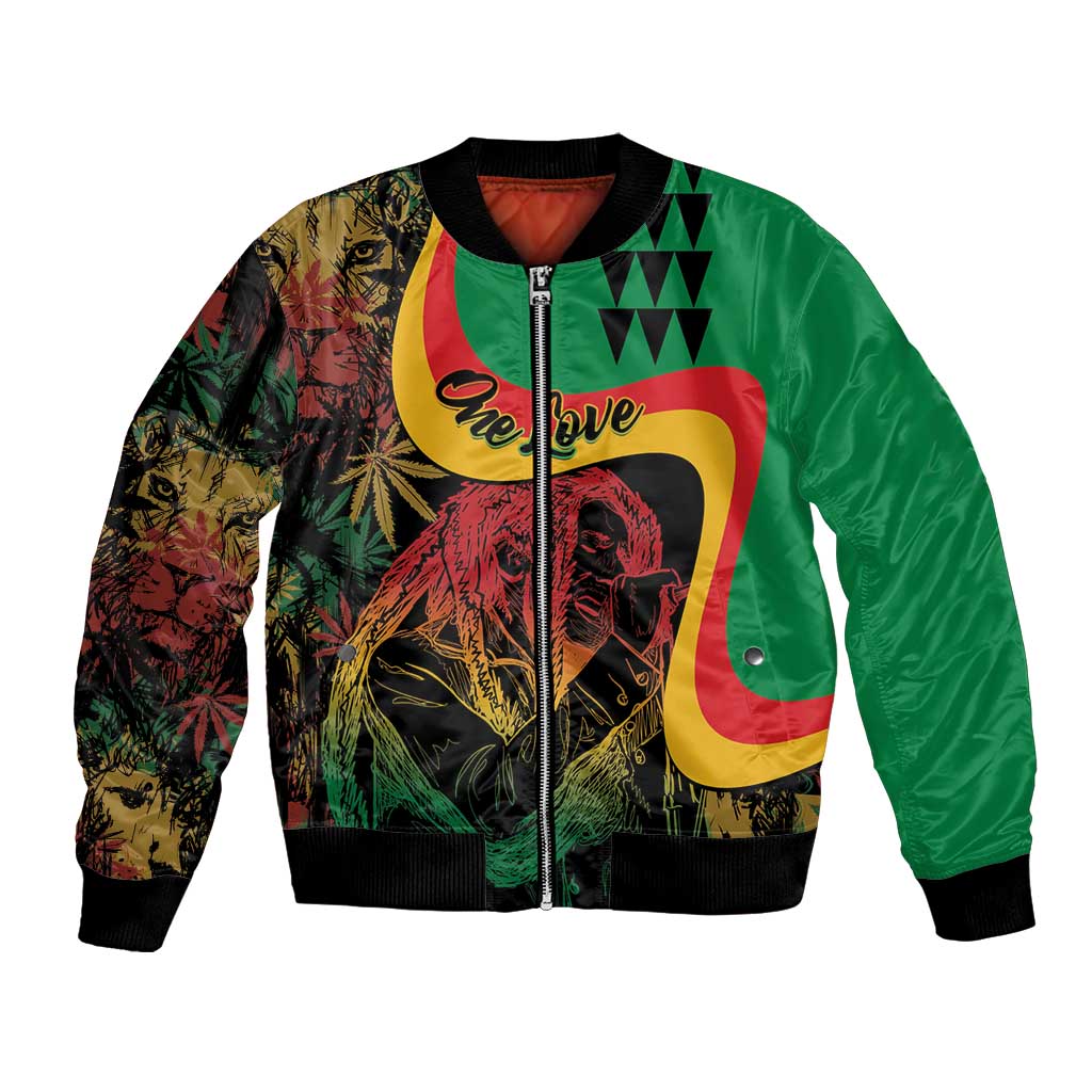 Green bomber jacket with full zip, colorful reggae graphic and black ribbed cuffs