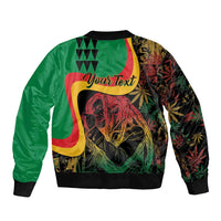 Green bomber jacket back with multicolor reggae portrait, 'Your Text' print, ribbed hem