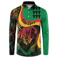 Green button sweatshirt with reggae graphic and 'One Love' text panel