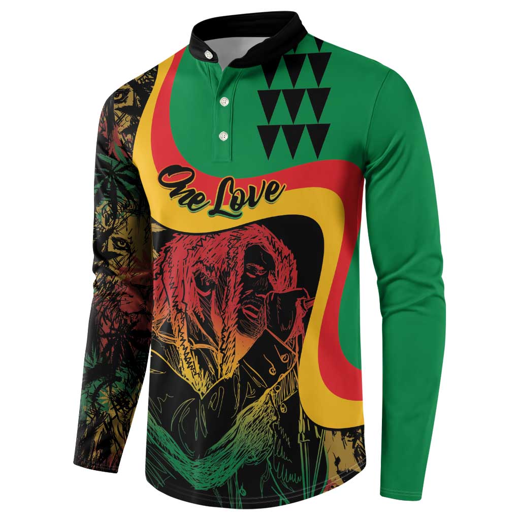 Green button sweatshirt with reggae graphic and 'One Love' front text