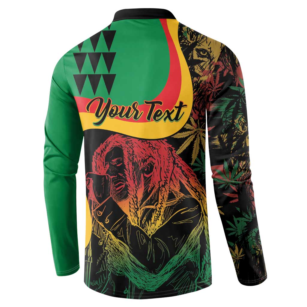 Green back button sweatshirt with 'Your Text' banner and reggae character graphic