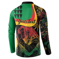 Green back button sweatshirt with 'Your Text' banner and reggae character graphic