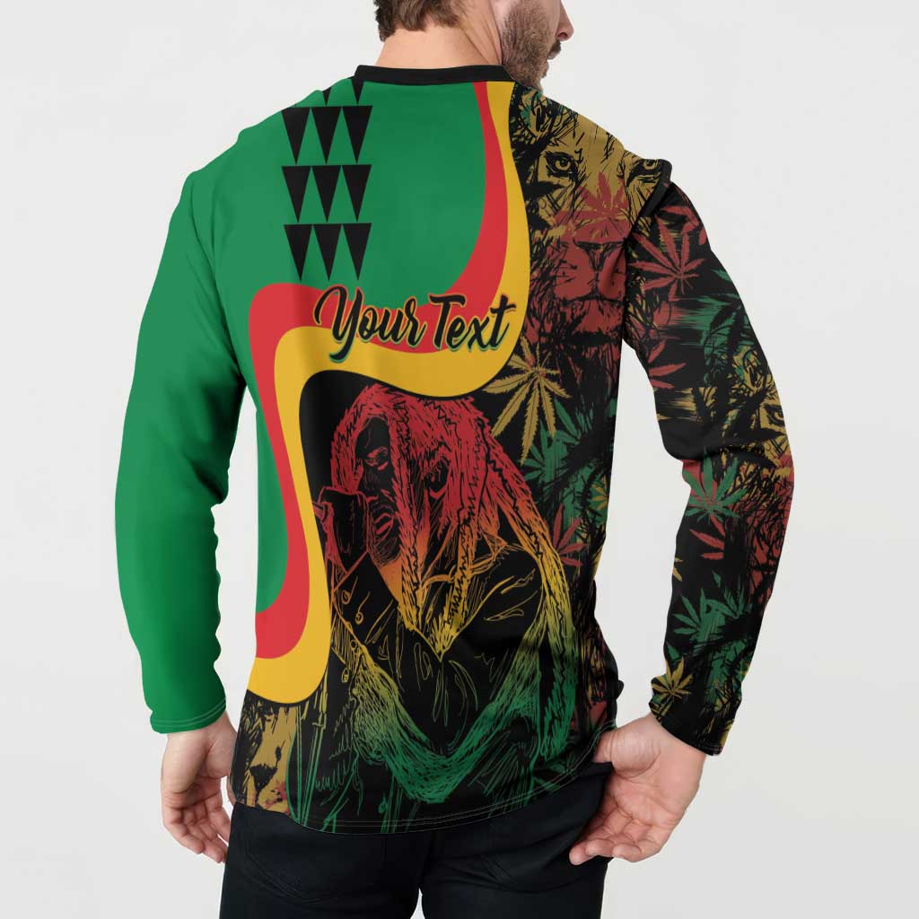 Green reggae button sweatshirt with 'Your Text' banner and reggae character graphic