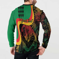 Green reggae button sweatshirt with 'Your Text' banner and reggae character graphic