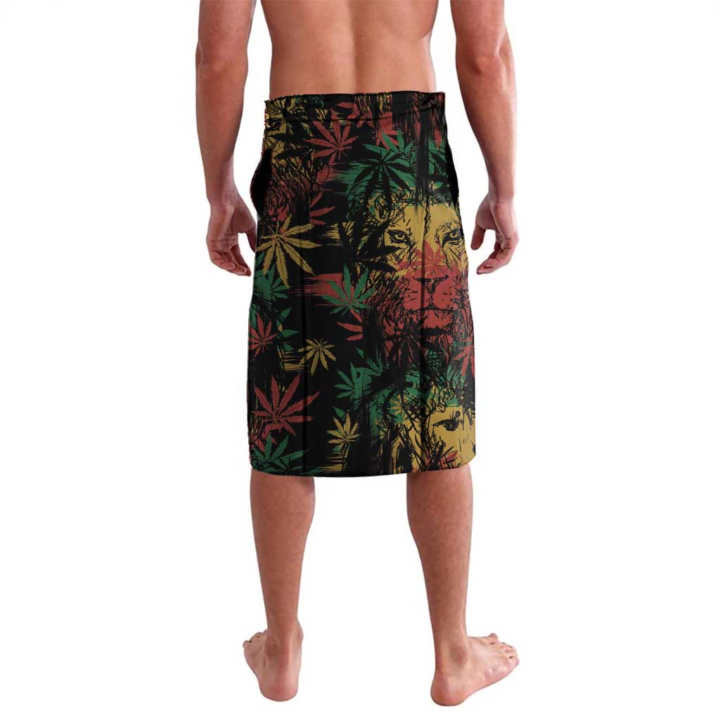 Men's tropical print swim shorts, back view, dark green black with palm and lion art