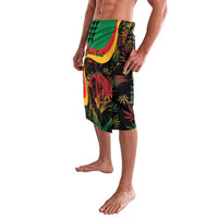 Men's tropical print swim shorts with lion graphic, 'Your Text' front panel, side view