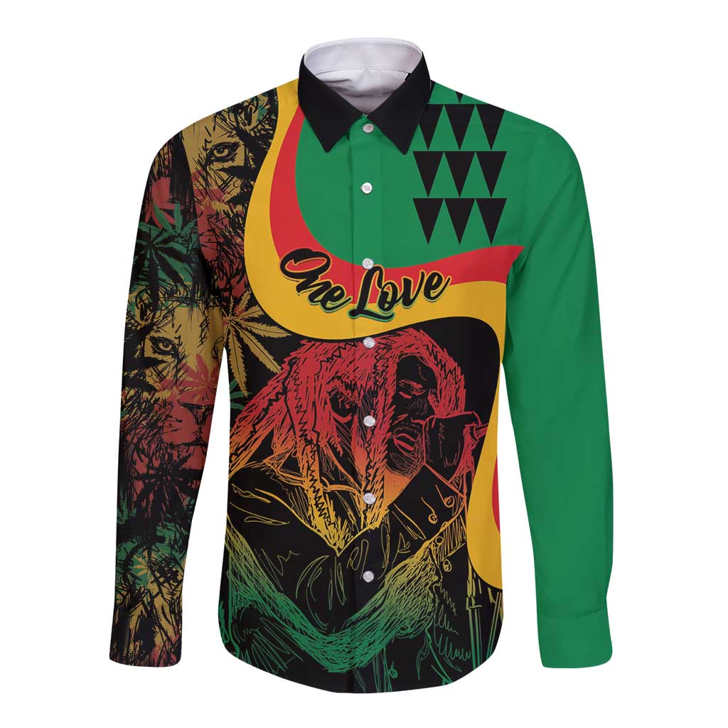 Long sleeve button shirt with green base and colorful reggae-style graphic front