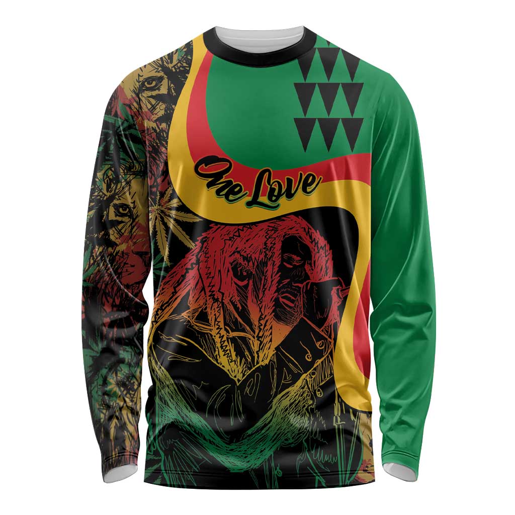 Green long-sleeve shirt with reggae portrait and 'One Love' front graphic