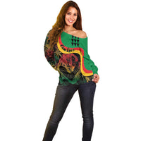 Green off-shoulder sweatshirt with large reggae portrait and 'One Love' logo, long sleeve