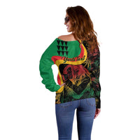 Green off-shoulder sweatshirt, back view with 'Your Text' and reggae portrait print
