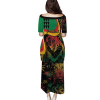 Long reggae graphic dress, back view, short sleeves, scoop neckline, 'Your Text' print