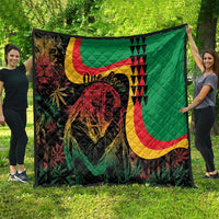 Reggae green quilt spread with lion portrait, red and yellow curved stripes, 'One Love'