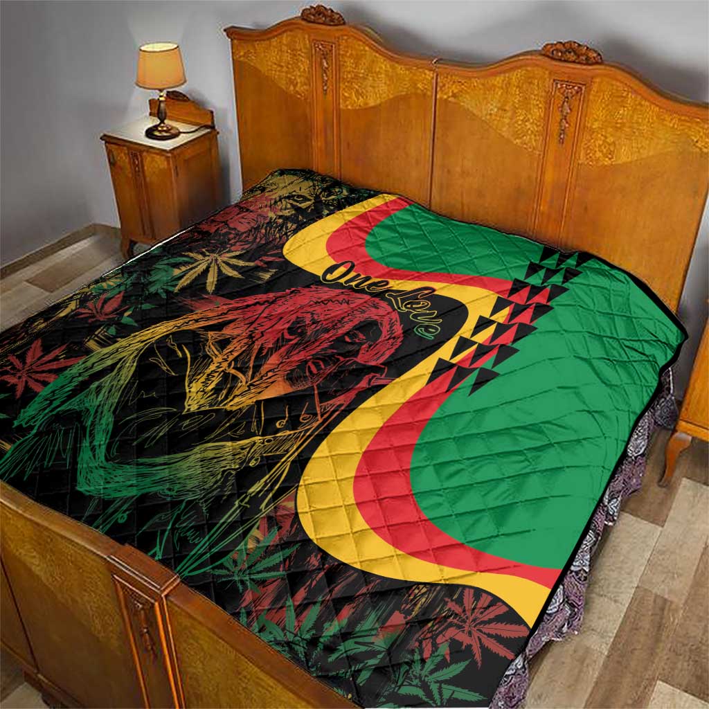 Quilt on bed: green field with lion portrait, red-yellow curved stripes and 'One Love'