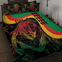 Quilt bed set with green red yellow black Marley-style portrait and leaf pattern
