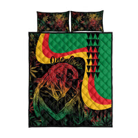 Quilt bed set with two matching pillows; green red yellow black reggae-style portrait
