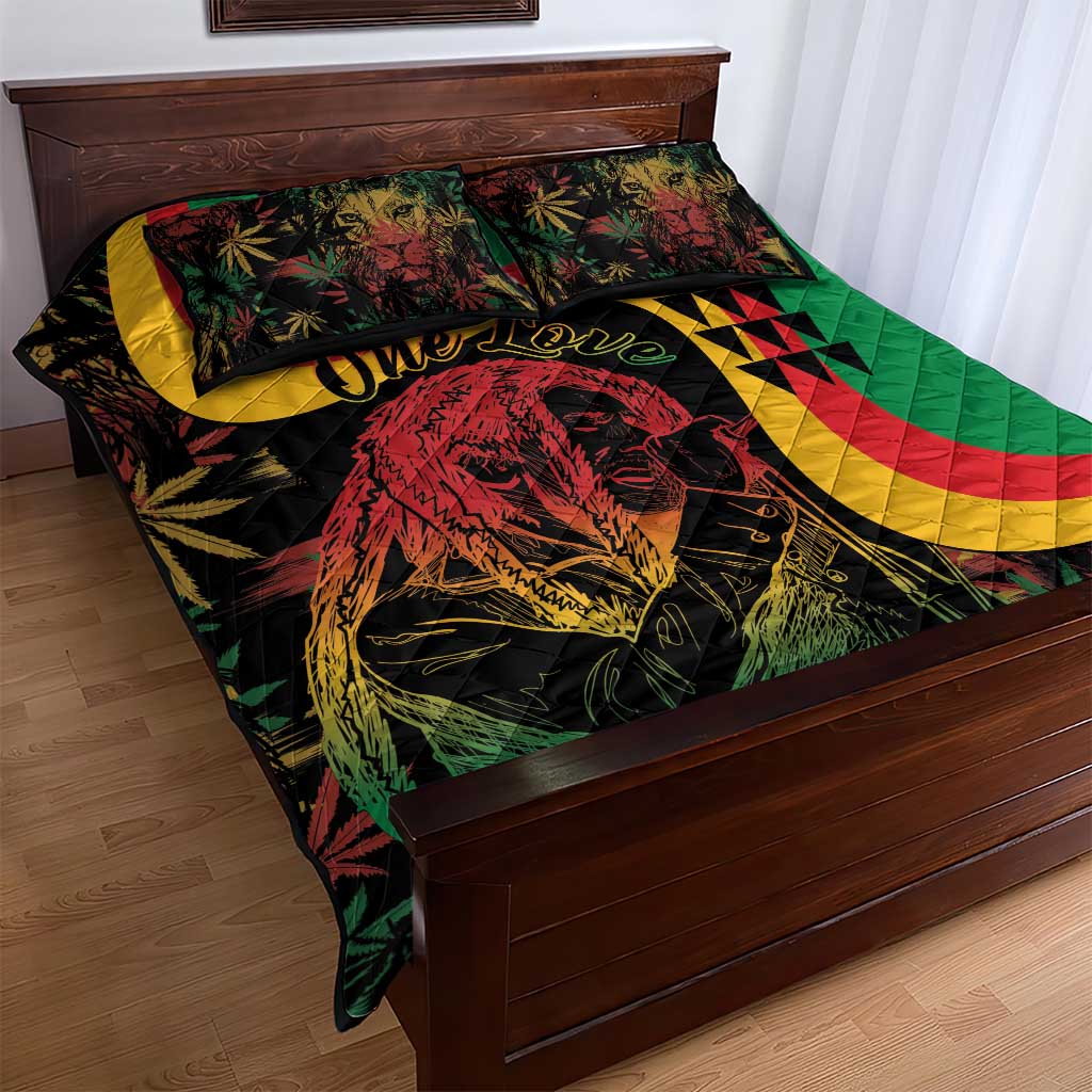 Quilt bed set with green red yellow black quilt featuring face portrait and One Love text