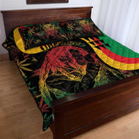 Quilt bed set with green red yellow black quilt featuring face portrait and One Love text