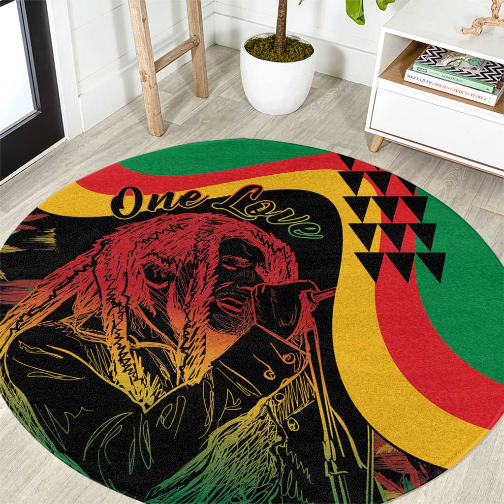 Round reggae-themed area rug with One Love script, lion graphic, and green-yellow-red accents