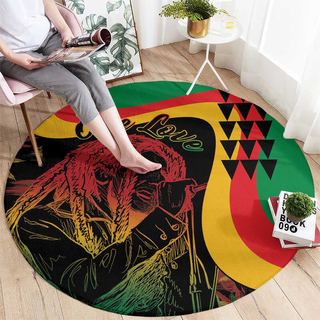 Round reggae-themed area rug, black base with lion artwork and bold green, red, yellow patterns