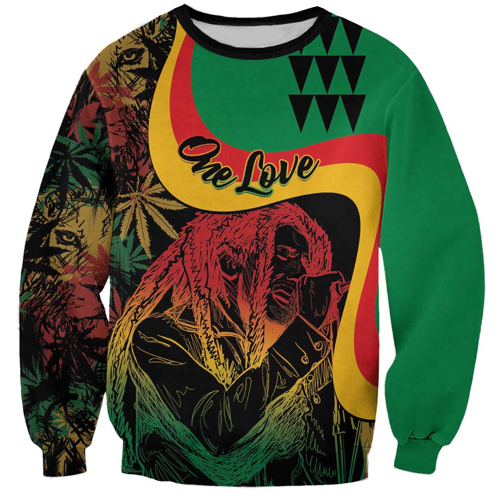 Unisex crewneck sweatshirt in green with bold red-yellow graphic lettering and lion portrait