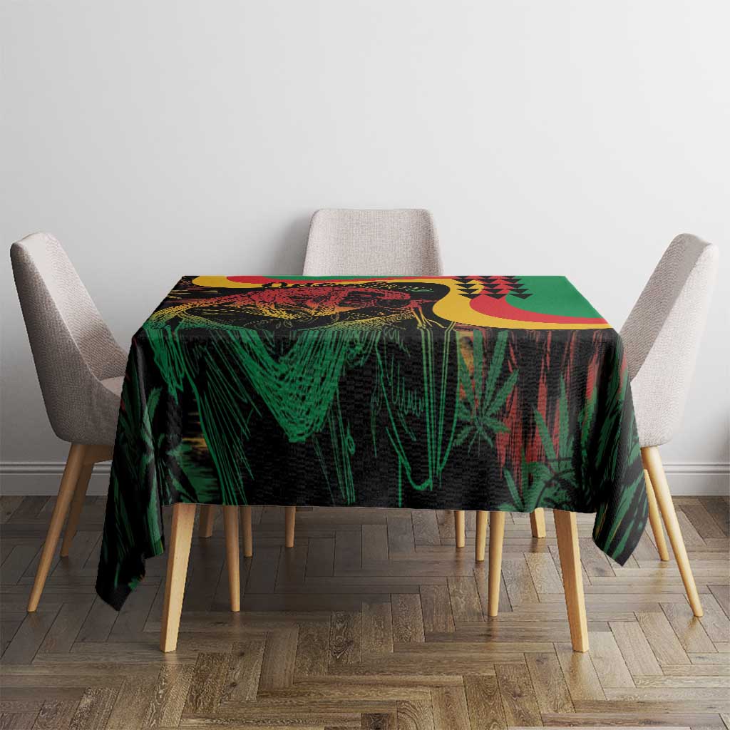 Green rectangular tablecloth with vibrant reggae lion and flame-style graphics