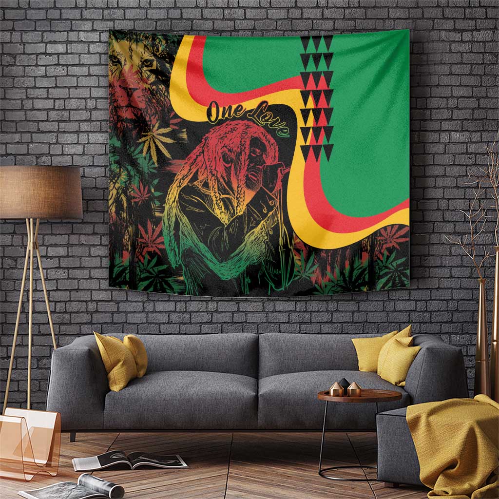 Rectangular wall tapestry with reggae portrait, “One Love” text, and green/yellow/red accents