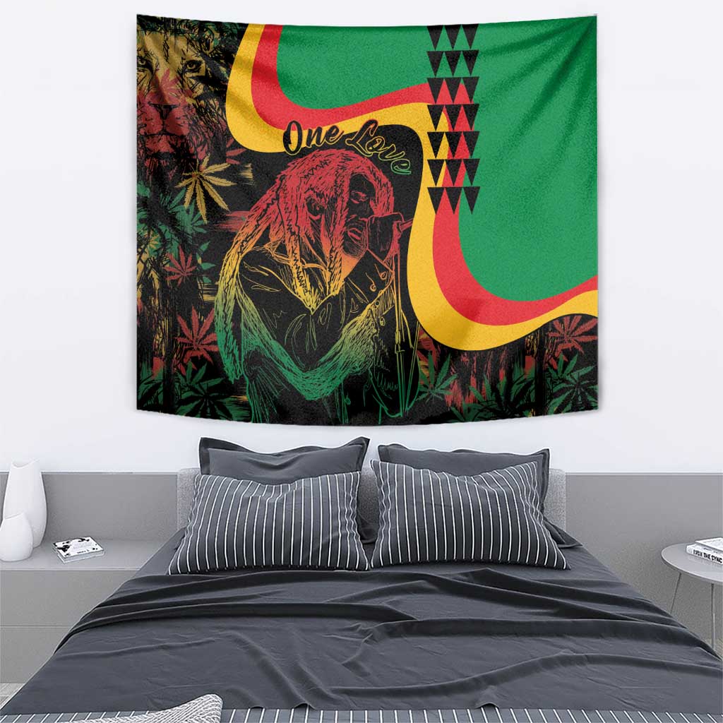 Reggae-style rectangular tapestry featuring a lion portrait, “One Love” text, and green/red/yellow