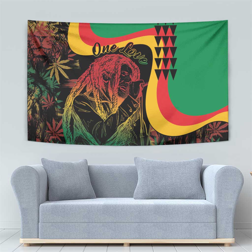 Reggae portrait wall tapestry with “One Love” script and green background with yellow/red curves