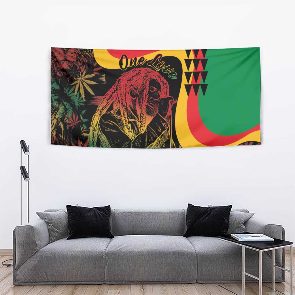 Rectangular wall tapestry showing a lion portrait, “One Love” text, and multicolor cannabis-leaf print