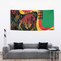 Rectangular wall tapestry showing a lion portrait, “One Love” text, and multicolor cannabis-leaf print
