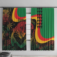 Pair of green reggae print window curtains with black, red, and yellow portrait artwork