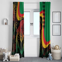 Two-panel green reggae style window curtains with bold red, yellow, and black graphics