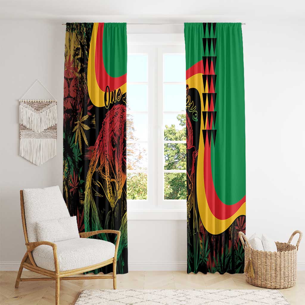 Green reggae print curtains with multicolor red, yellow, and black portrait on each panel