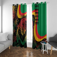 Pair of green reggae print curtains with red and yellow curved flag motif and portrait