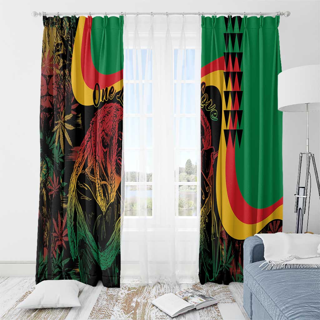 Green reggae print curtain set with multicolor portrait design and hanging rod rings