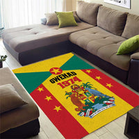 Colorful flag-style area rug with GWENAD 1974 lettering and detailed coat of arms