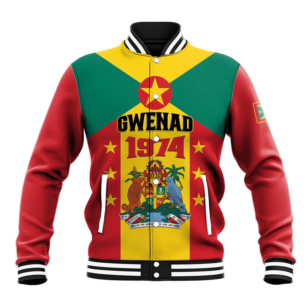 Colorful Grenada flag baseball jacket with GWENAD 1974 front crest, striped collar cuffs