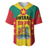 Custom baseball jersey with Grenada flag print, stars, GWENAD 1974 crest front