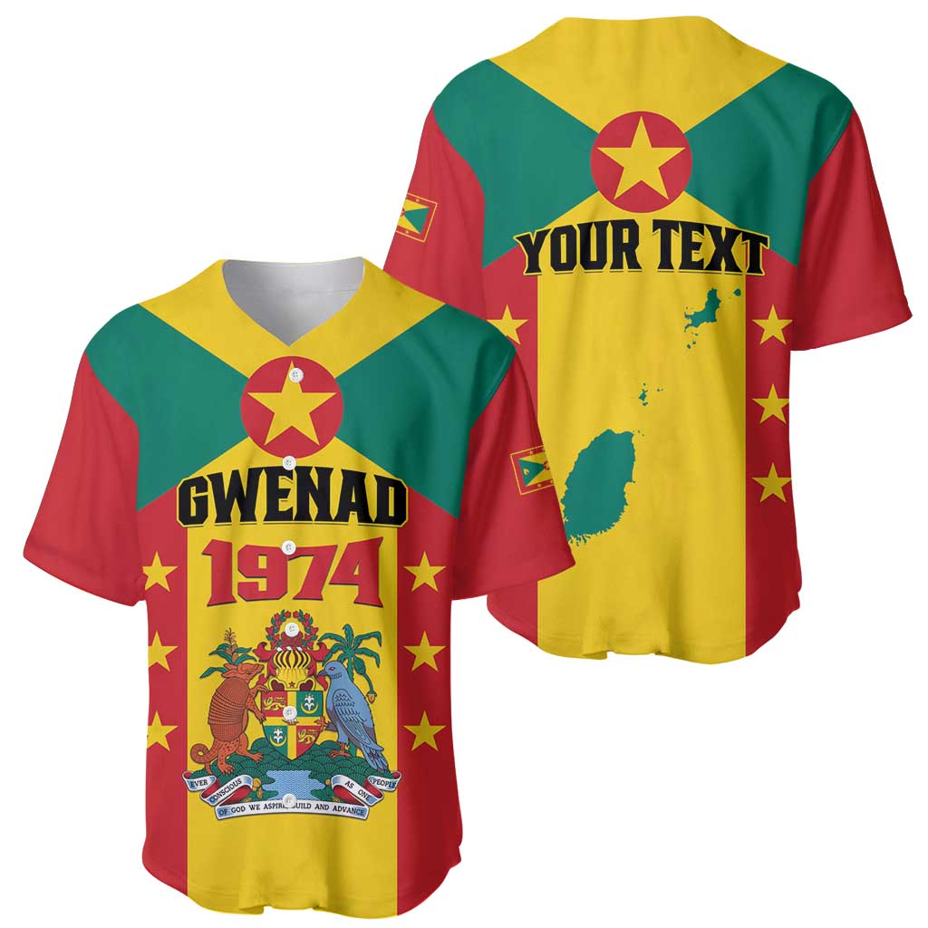 Two custom baseball jerseys: front GWENAD 1974 and back YOUR TEXT on Grenada flag