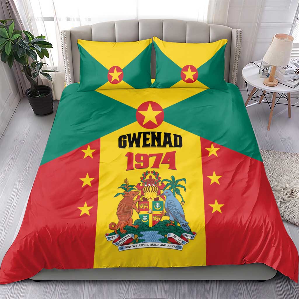 Flag-themed bedding set with pillowcases showing green, yellow, red stars and GWENAD 1974 crest